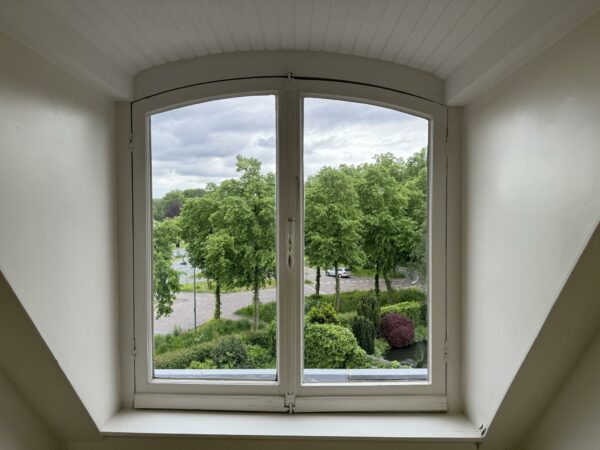 Uitzicht vanuit een zolderraam op de Dorpsstraat en Steenstraat met bomen, auto’s en groenvoorziening.
